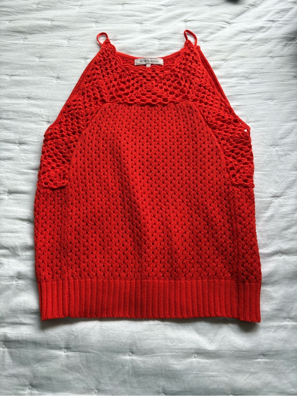 BCBGeneration Red Crochet Off-the-Shoulder Sweater Tank